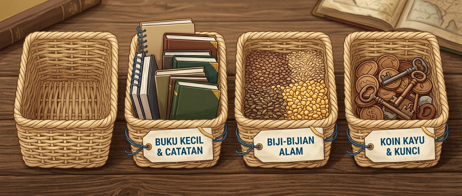 Empat keranjang anyam krem berisi objek berbeda di latar meja kayu.