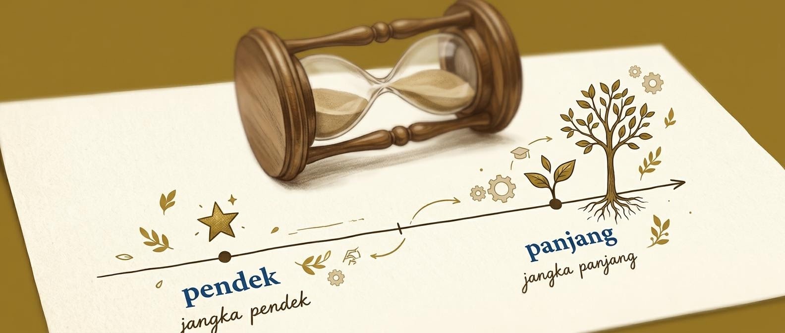 Garis waktu horizontal pada kertas krem dengan dua titik: pendek dan panjang.
