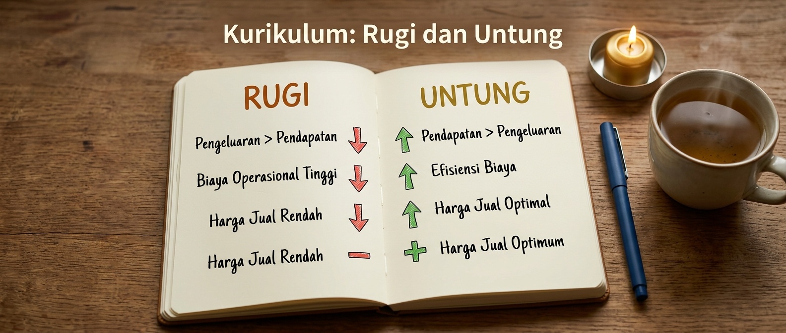 Buku catatan krem terbuka dengan dua kolom bertanda rugi dan untung.