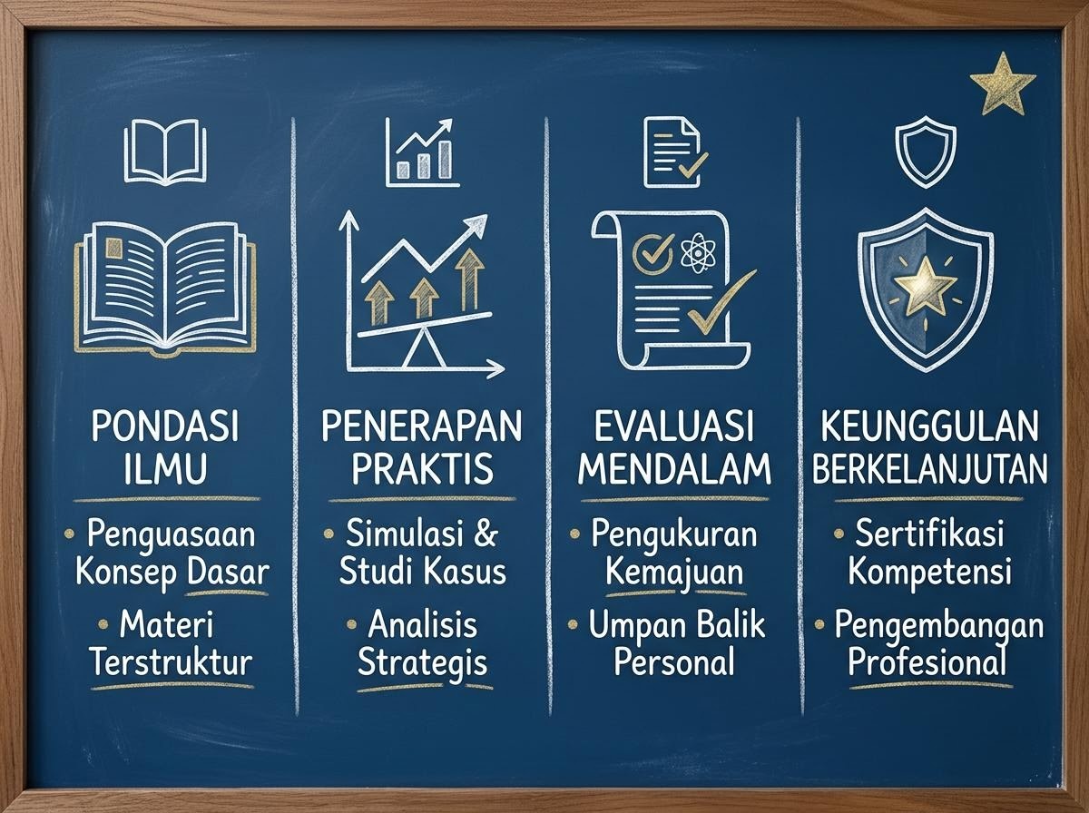 Papan tulis akademi dengan empat kolom bertuliskan tahapan belajar.